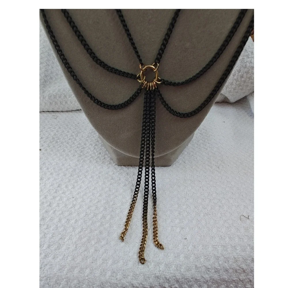 Necklace‎ Black Gold Nicole Miller Ombre Multi Strand Layered Tassel Edgy